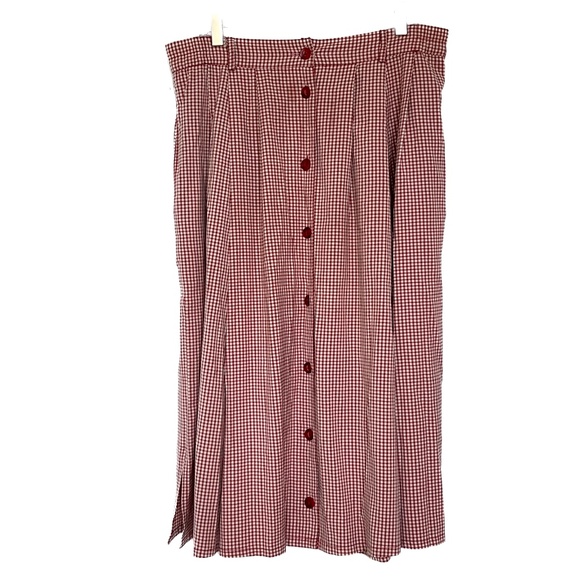 YESSICA Skirt Full Pleated Midi Red Cream Check Sz 42 Button Up Pockets Vintage - Picture 2 of 7